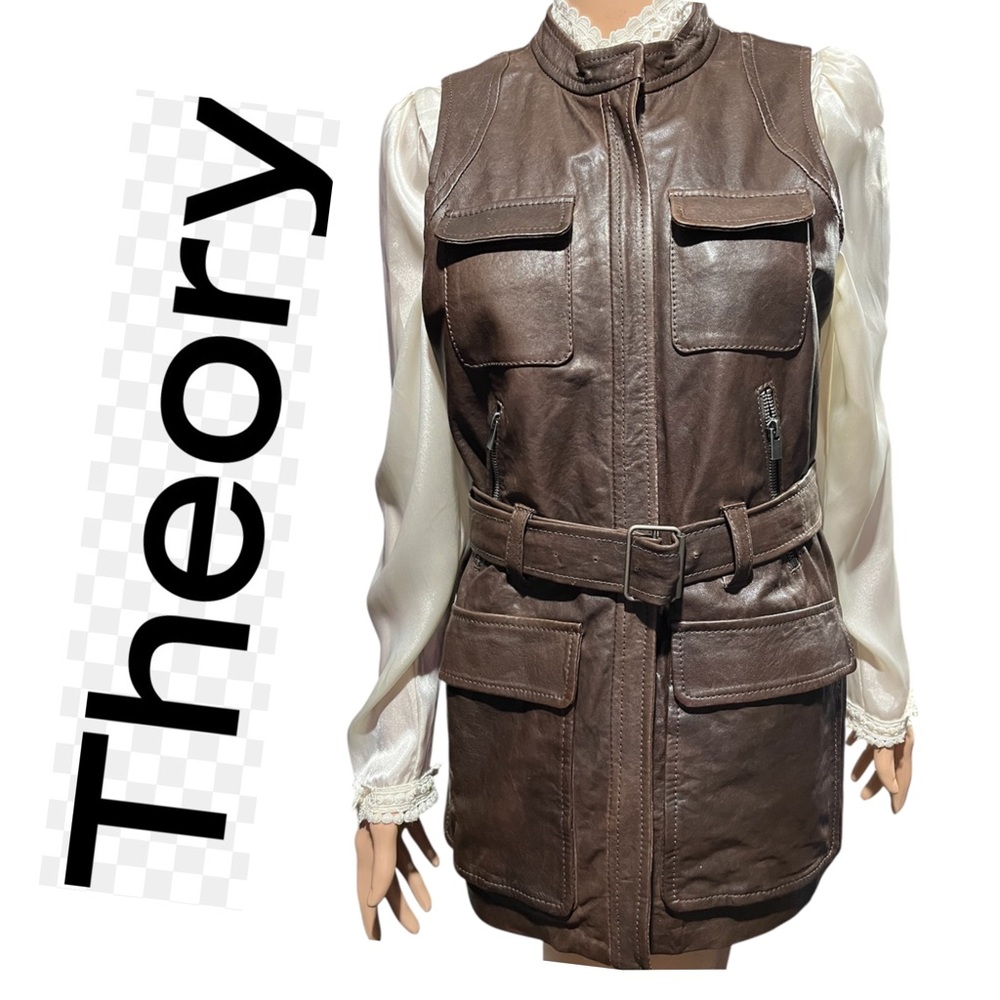 Theory brown 100%leather vest size small with belt - lining 100%wool